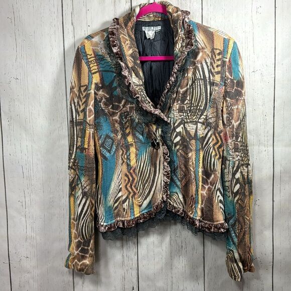 Alberto Makali Multicolor Abstract Animal Print Ruffle Trim Jacket Size L Boho - Picture 5 of 15